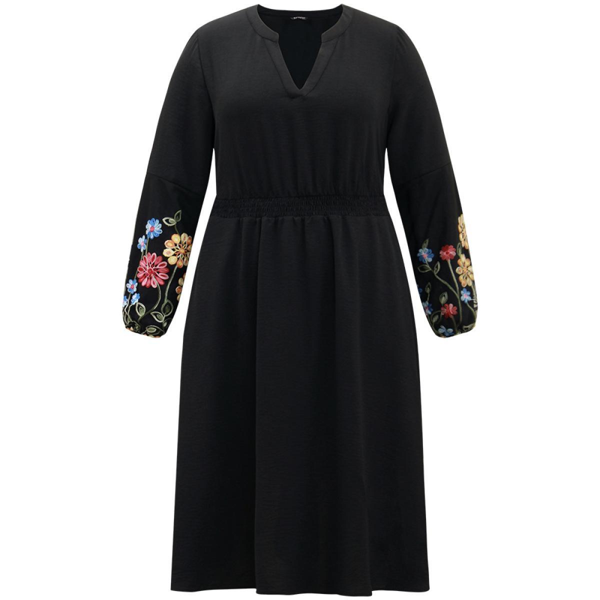 Plus Size Floral Embroidered Notched Midi Dress Black Women Elegant Elastic cuffs Notched collar Long Sleeve Curvy Midi Dress BloomChic 22-24/3X Product Image