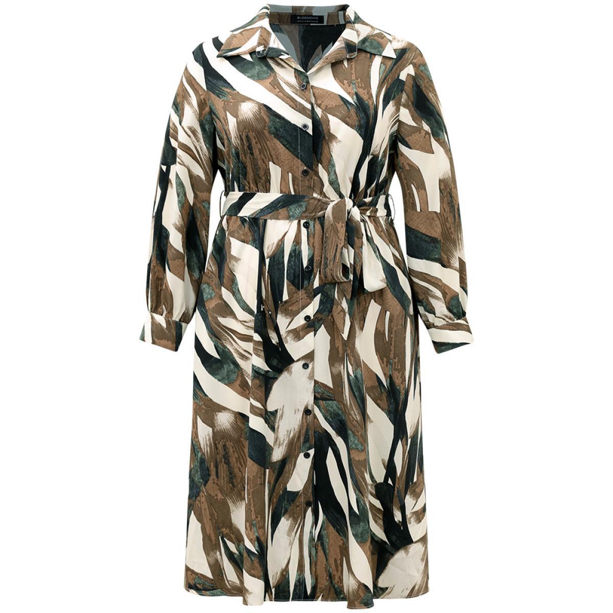 Plus Size Colorblock Contrast Belted Button Through Dress Multicolor Women At the Office Belted Shirt collar Long Sleeve Curvy Midi Dress BloomChic 22-24/3X Product Image