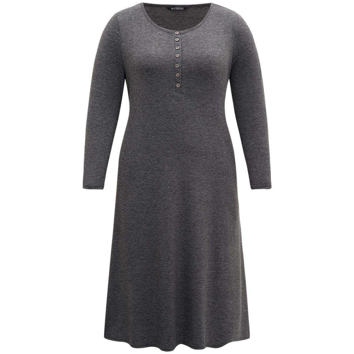 Plus Size Solid Button Up Pocket Dress DimGray Women Basics Non Round Neck Long Sleeve Curvy Midi Dress BloomChic 12/L Product Image