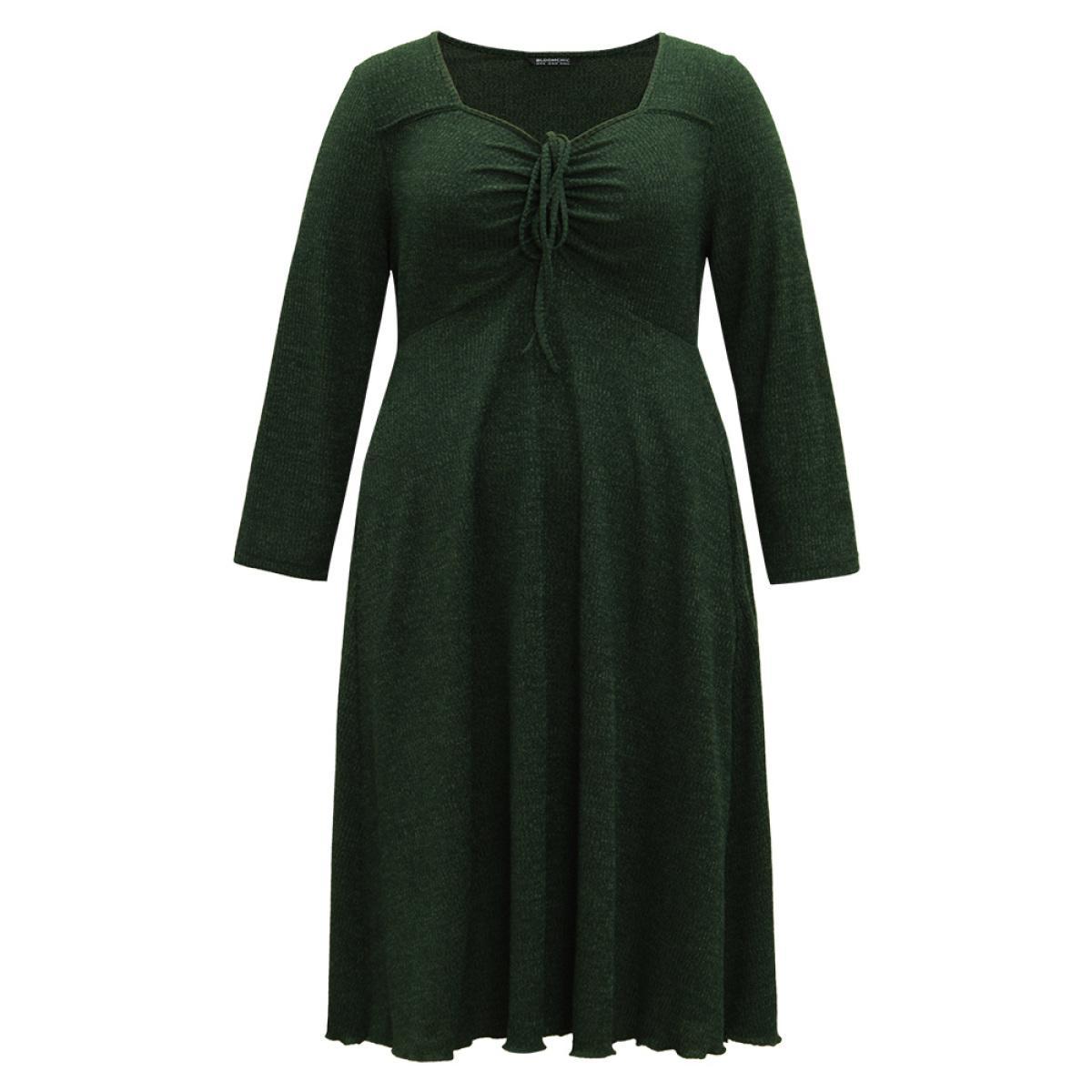Plus Size Square Neck Solid Drawstring Rib Knit Dress DarkGreen Women Casual Plain Square Neck Long Sleeve Curvy Midi Dress BloomChic 30/6X Product Image