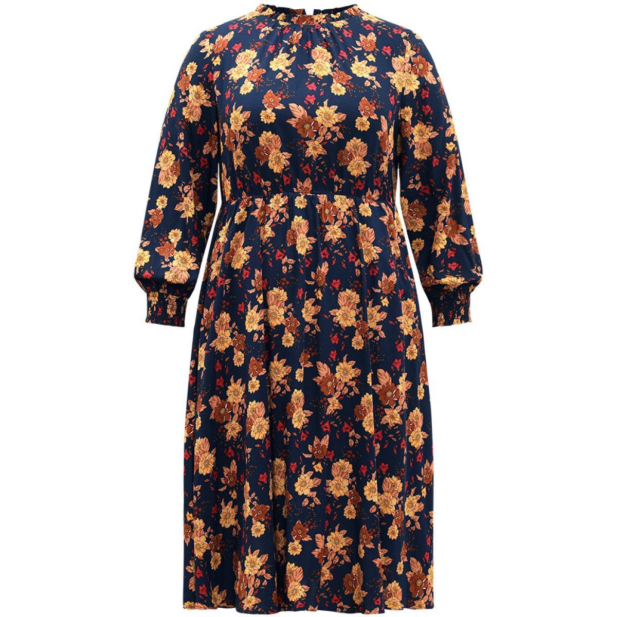 Plus Size Supersoft Essentials Floral Print Mock Neck Dress DarkBlue Women Elegant Printed Mock Neck Long Sleeve Curvy Midi Dress BloomChic 10/M Product Image