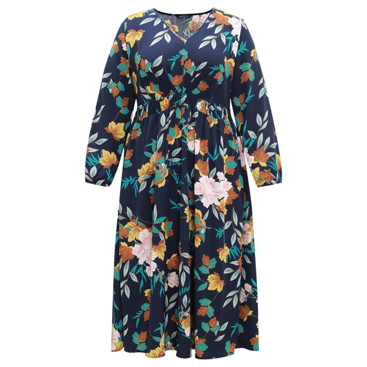 Plus Size Floral Print Shirred Lantern Sleeve Dress DarkBlue Women Elegant Elastic cuffs V-neck Long Sleeve Curvy Midi Dress BloomChic 18-20/2X Product Image