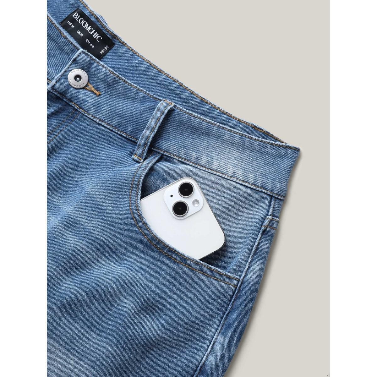 Plus Size Whiskered Wash Wide-Leg Denim Shorts Women Denimlightblue No stretch Everyday-Casual Slanted pocket Denim Shorts BloomChic 24/3X Product Image