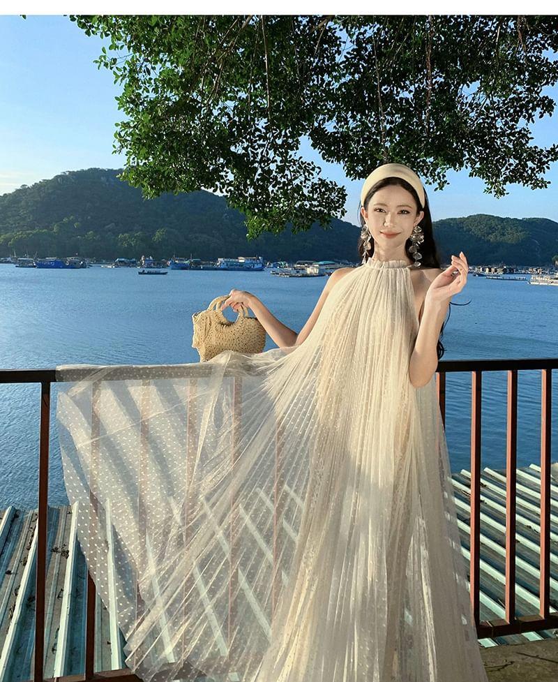 Sleeveless Stand Collar Plain Accordion Pleated Mesh Maxi A-Line Dress Product Image