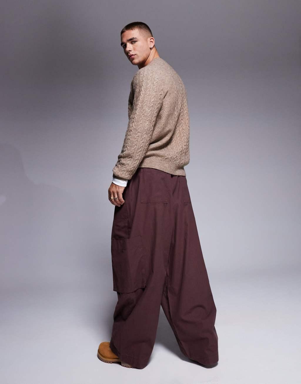 ASOS DESIGN oversized balloon cargo pants with elasticized waist in brown  Product Image