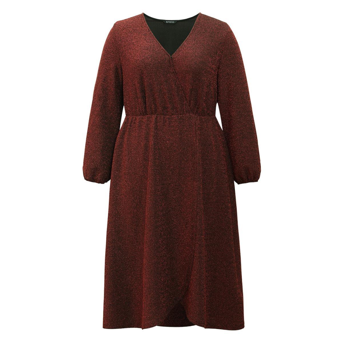 Plus Size Luxe Overlap Collar Gathered Split Hem Dress Scarlet Women Glamour Elastic cuffs Overlap Collar Long Sleeve Curvy Midi Dress BloomChic 14-16/1X Product Image