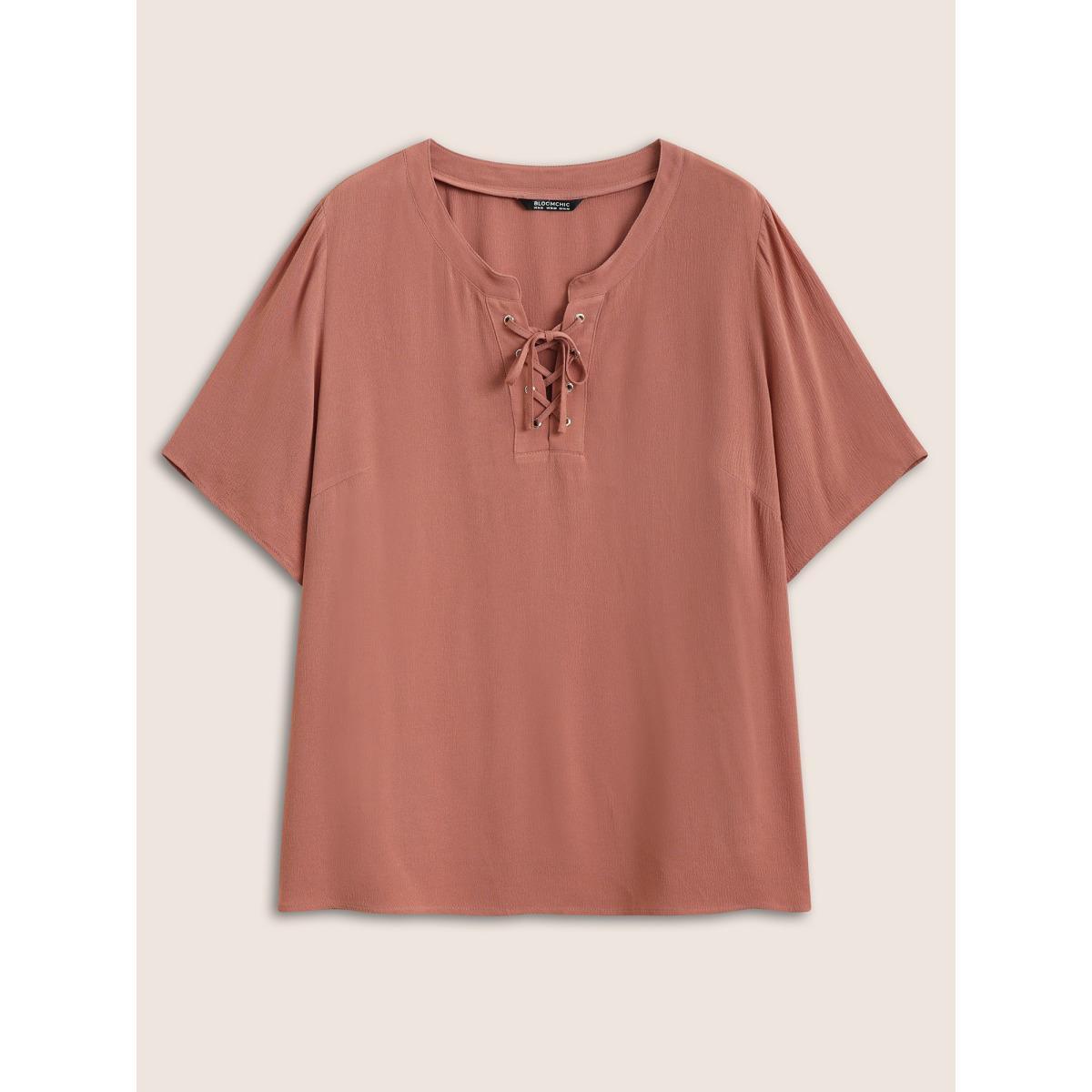 Plus Size Rouge Rayon Plain Lace Up Blouse Women Casual Short sleeve Round Neck Everyday Blouses BloomChic 26/4X Product Image