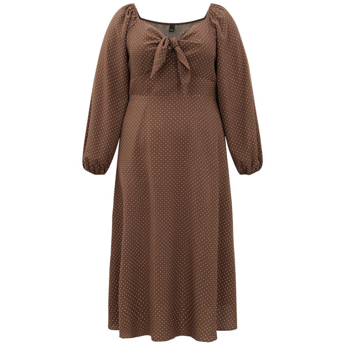 Plus Size Polka Dot Knot Neck Lantern Sleeve Dress DarkBrown Women Elegant Elastic cuffs Tie Neck Long Sleeve Curvy Midi Dress BloomChic 30/6X Product Image