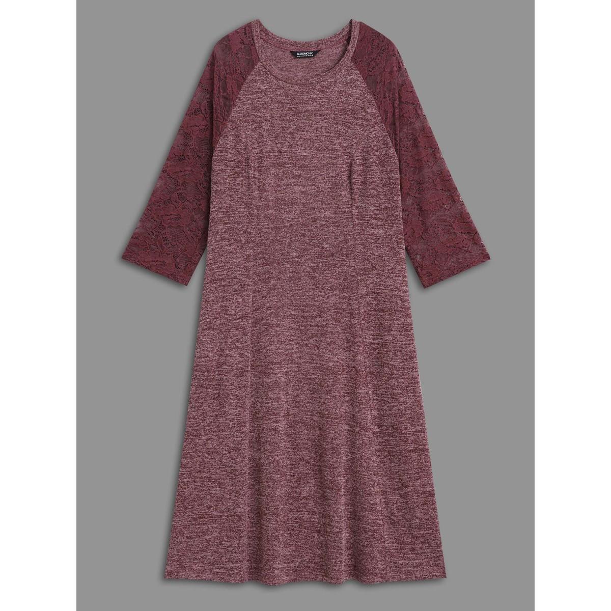 Plus Size Heather Lace Patchwork Mesh Midi Dress Burgundy Women Elegant Woven ribbon&lace trim Round Neck Elbow-length sleeve Curvy BloomChic 10/M Product Image