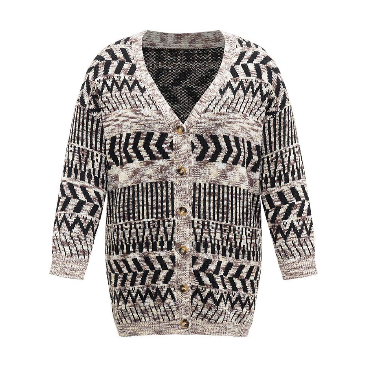 Plus Size Geometric Heather Button Up Elastic Cuffs Cardigan DarkBrown Women Casual Loose Long Sleeve Dailywear Cardigans BloomChic 26/4X Product Image