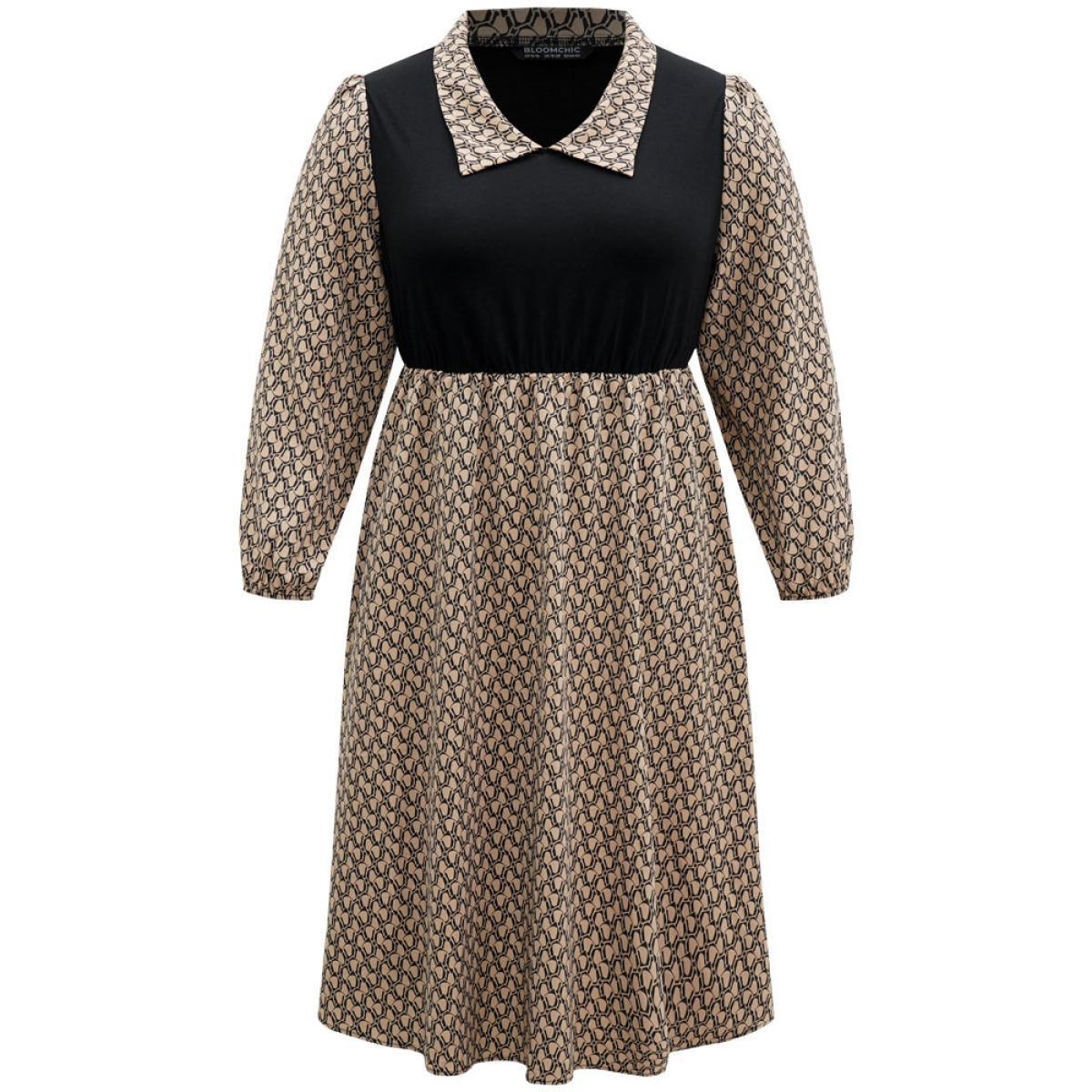 Plus Size Geometric Patchwork Lapel Collar Lantern Sleeve Dress Tan Women Office Elastic cuffs Lapel Collar Long Sleeve Curvy Midi Dress BloomChic 26/4X Product Image