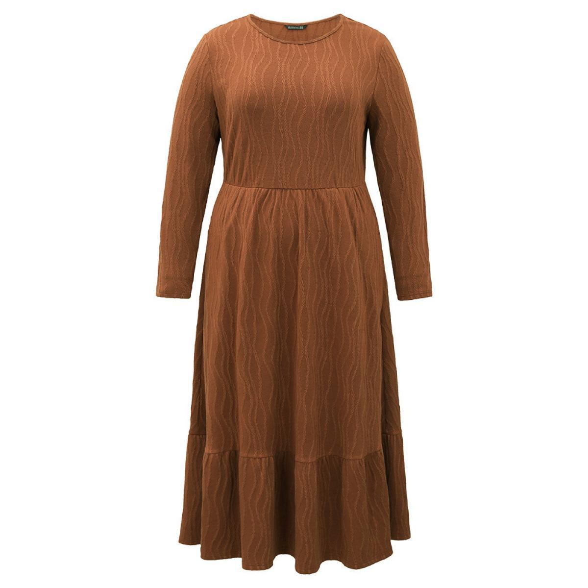 Plus Size Water Ripple Long Sleeve Pocket Dress Rust Women Casual Texture Round Neck Long Sleeve Curvy Midi Dress BloomChic 12/L Product Image