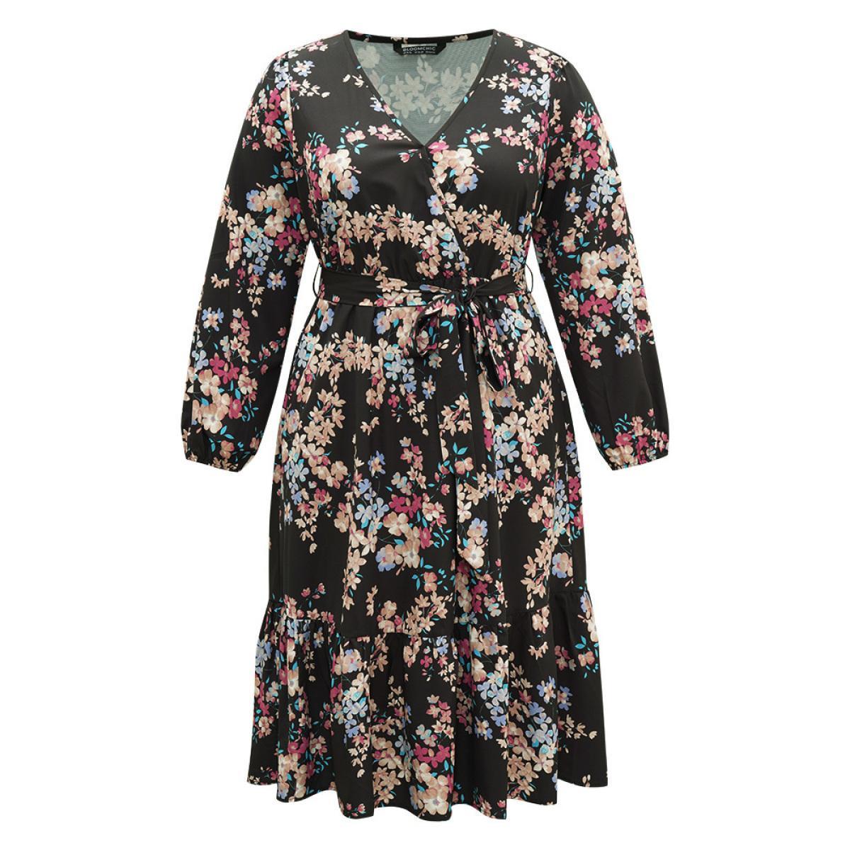 Plus Size Floral Print Overlap Collar Elastic Cuffs Dress Black Women Elegant Elastic cuffs Overlap Collar Long Sleeve Curvy Midi Dress BloomChic 28/5X Product Image