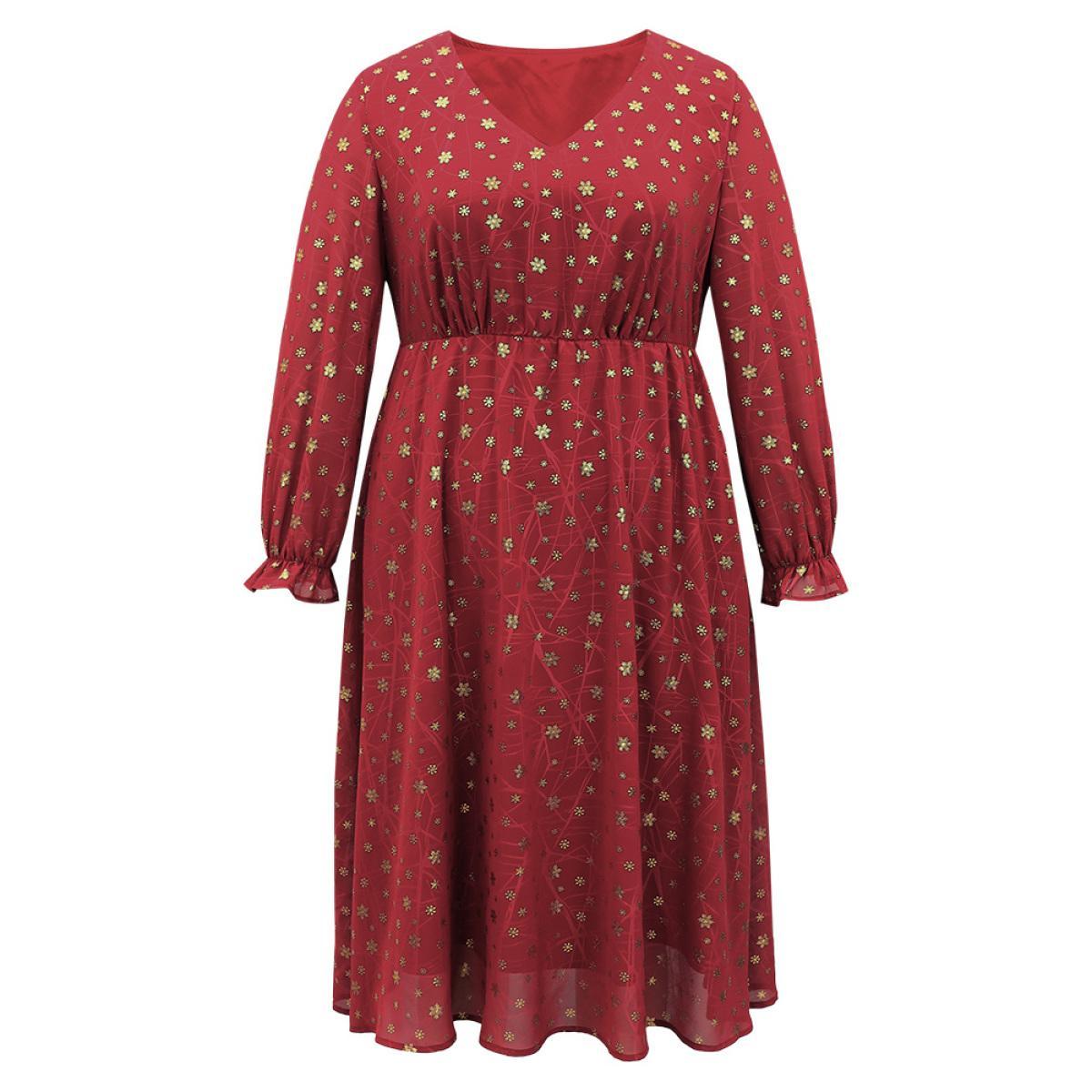 Plus Size Snowflake Glitter Mesh Gathered Ruffles Dress Scarlet Women Party See through V-neck Long Sleeve Curvy Midi Dress BloomChic 10/M Product Image