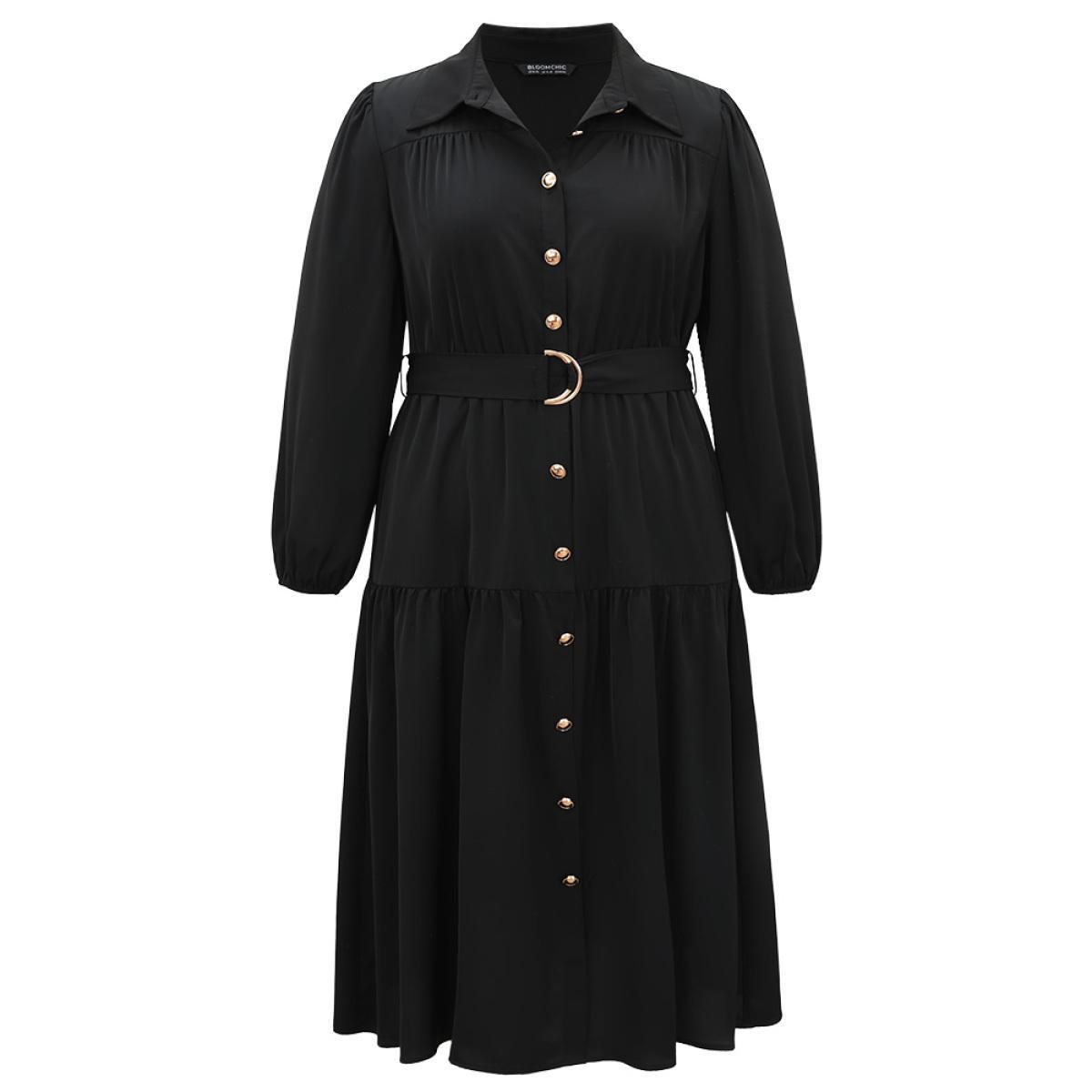 Plus Size Anti-Wrinkle Shirt Collar Belted Metal Detail Dress Black Women Office Plain Shirt collar Long Sleeve Curvy Midi Dress BloomChic 30/6X Product Image
