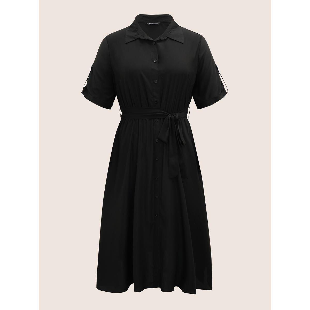 Plus Size Shirt Collar Tab Sleeve Split Hem Dress Black Women At the Office Belted Shirt collar Half Sleeve Curvy BloomChic 14-16/1X Product Image