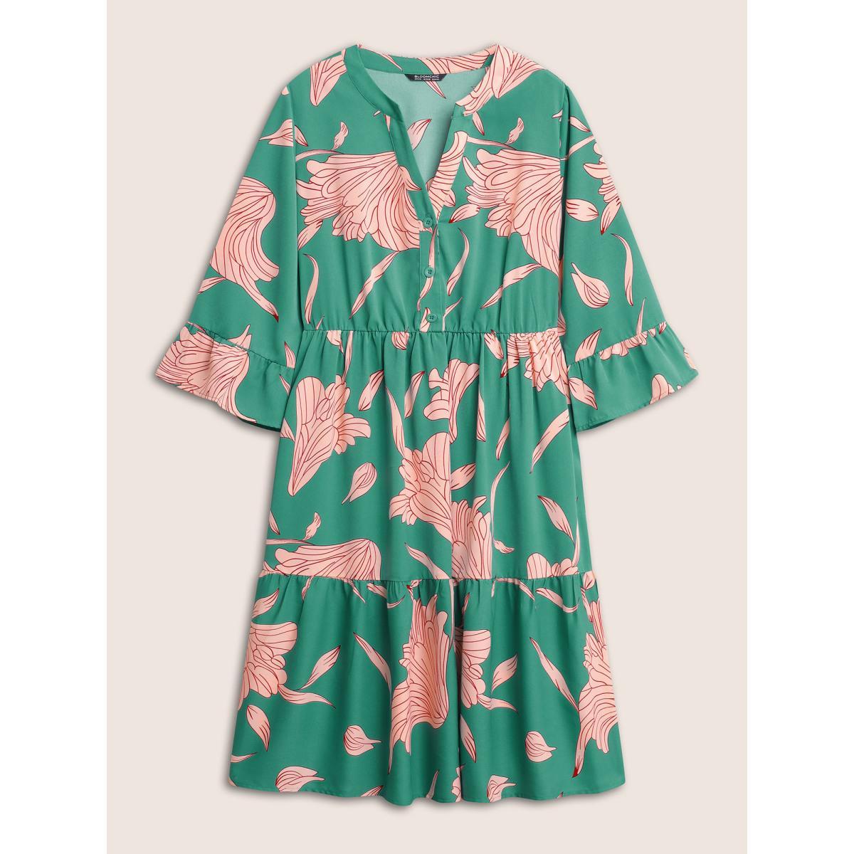 Plus Size Floral Notched Button Up Patchwork Ruffles Dress Green Women Elegant Non Notched collar Elbow-length sleeve Curvy Midi Dress BloomChic 22-24/3X Product Image