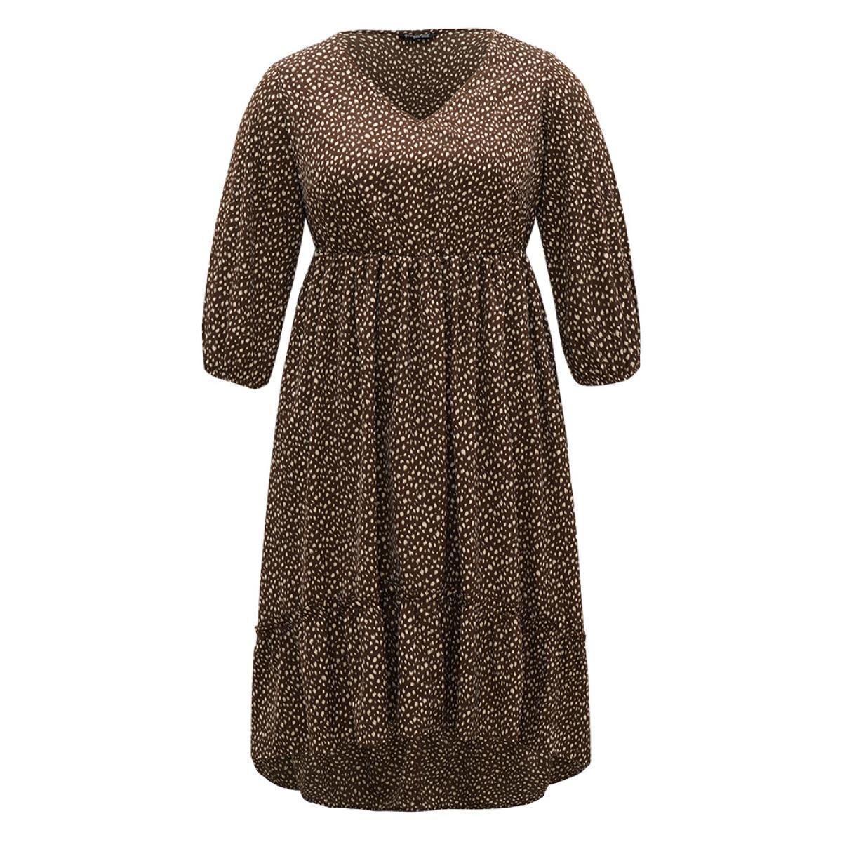 Plus Size Leopard Lantern Sleeve Ruffles Frill Trim Dress DarkBrown Women Vacation Elastic cuffs V-neck Elbow-length sleeve Curvy Midi Dress BloomChic 14-16/1X Product Image