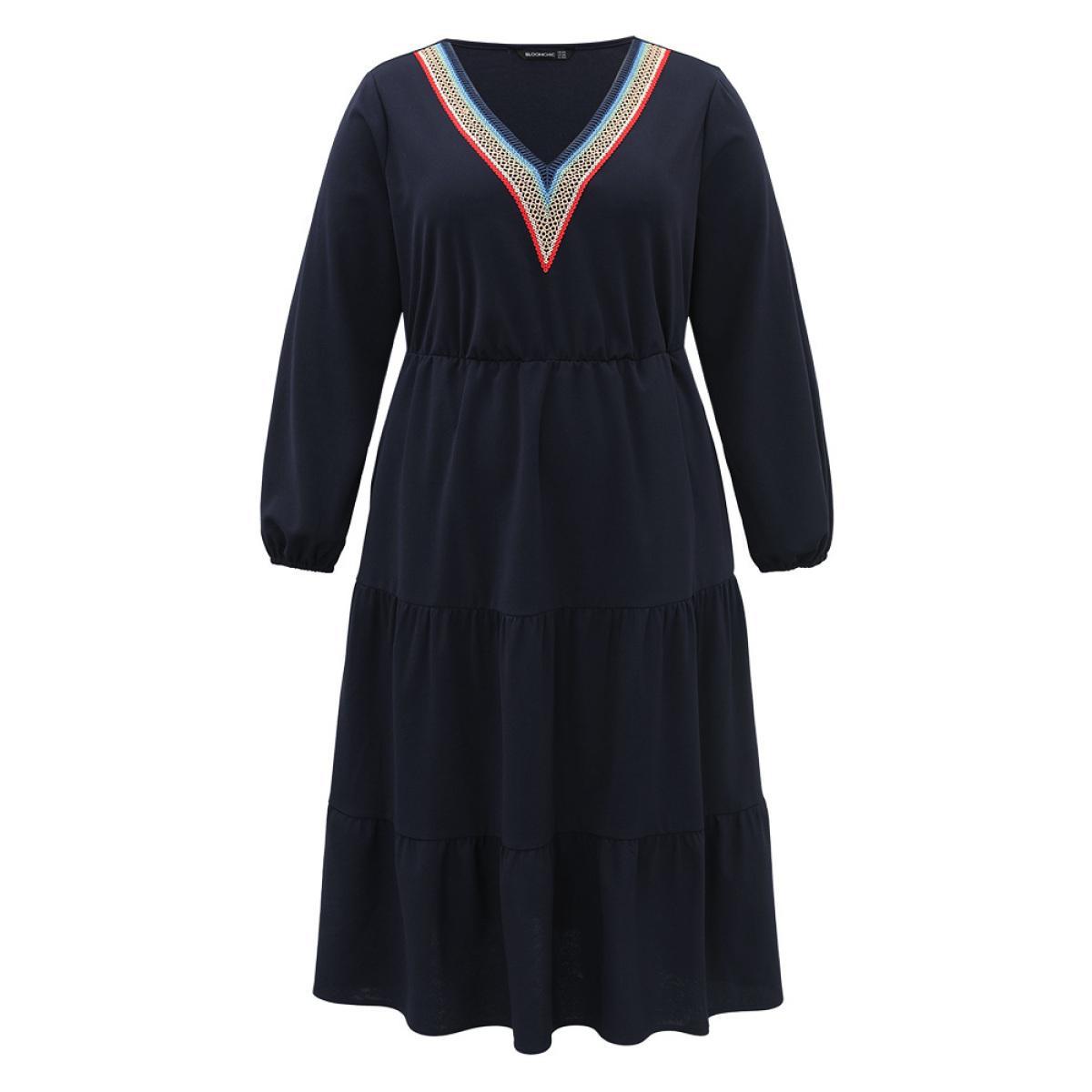 Plus Size Plain Contrast Webbing Elastic Waist Dress Midnight Women Casual Elastic cuffs V-neck Long Sleeve Curvy Midi Dress BloomChic 10/M Product Image