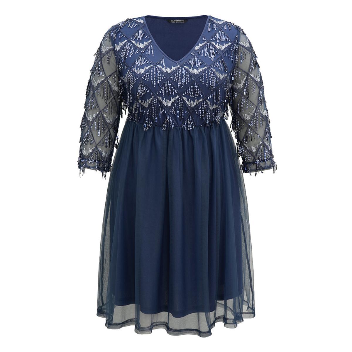 Plus Size Sequin Tassels Plisse Patchwork Mesh Knee Dress DarkBlue Women Cocktail Sequin V-neck Elbow-length sleeve Curvy Midi Dress BloomChic 18-20/2X Product Image