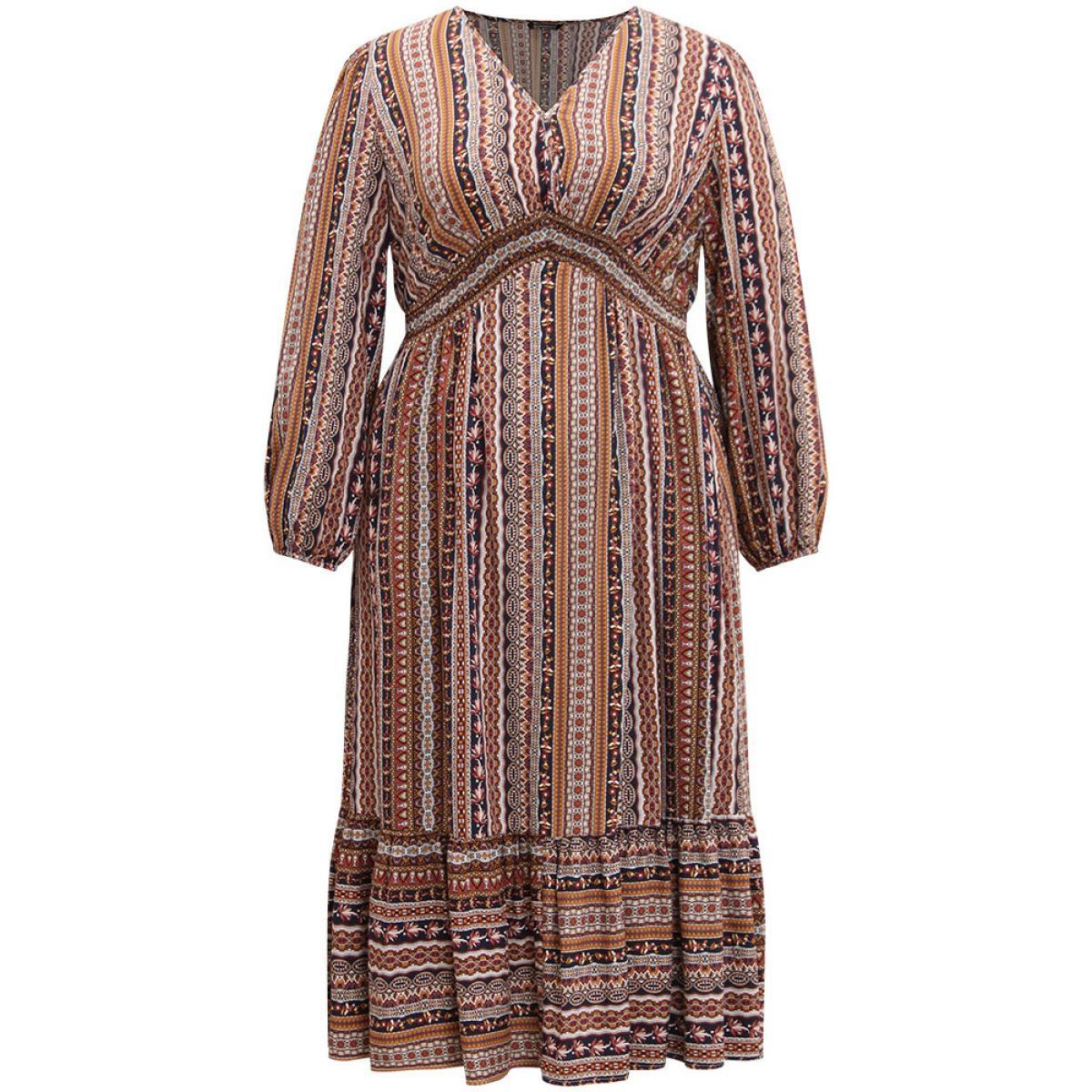 Plus Size Bandana Striped Lantern Sleeve Patchwork Dress DarkBlue Women Vacation Elastic cuffs V-neck Long Sleeve Curvy Midi Dress BloomChic 10/M Product Image