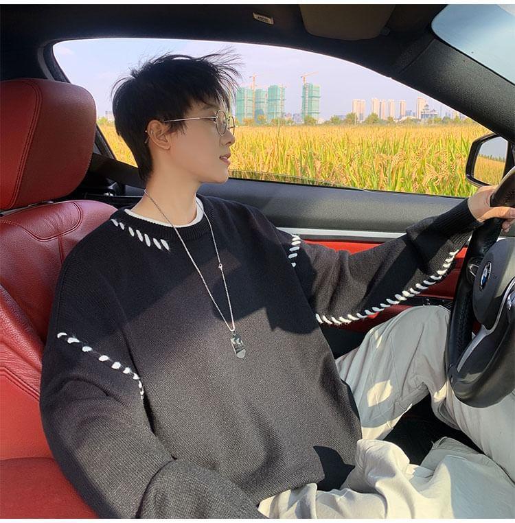 Crew Neck Plain Contrast Stitching Sweater Product Image