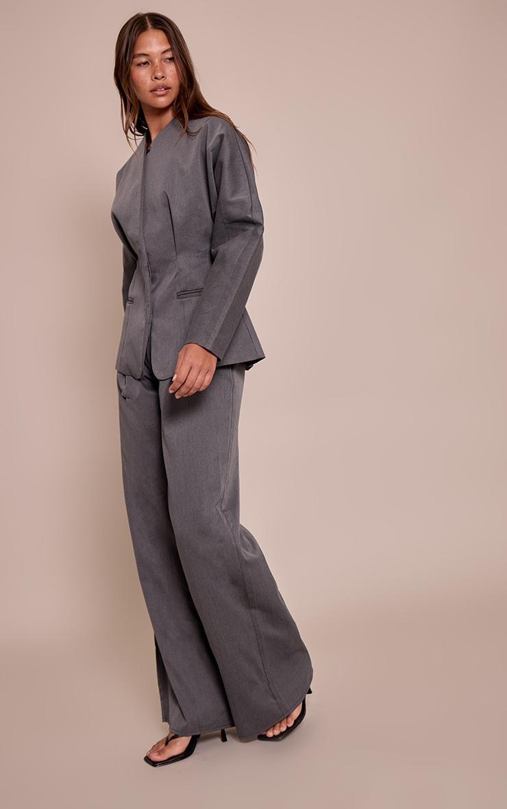Charcoal Grey Premium Woven Tailored Wide Leg Pleated Pants Product Image