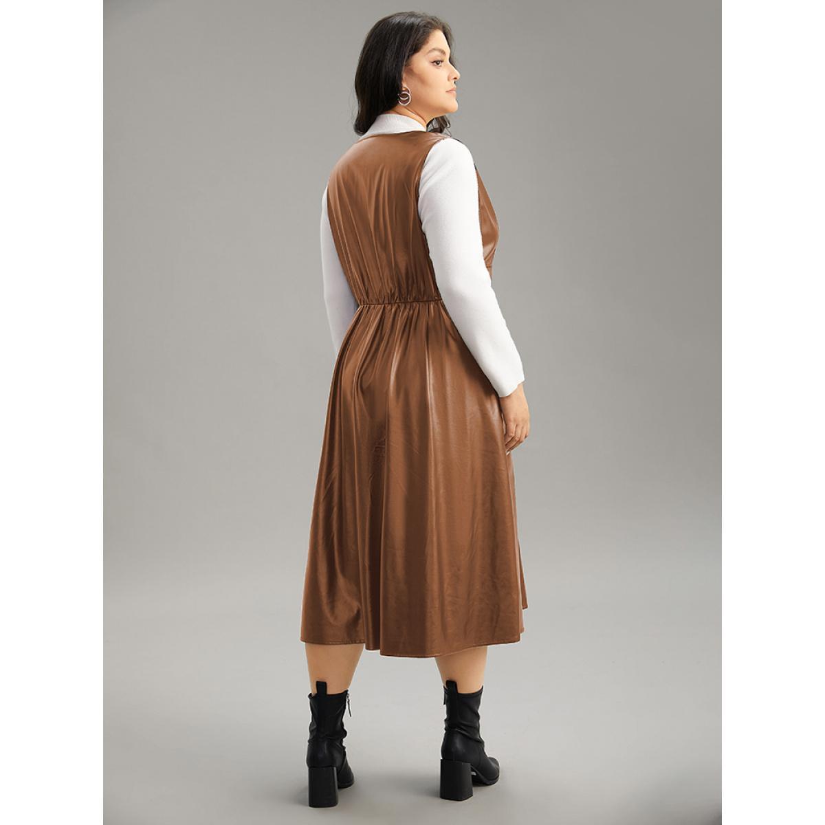 Plus Size PU Leather Sleeveless Button Detail Dress Chocolate Women Office Plain V-neck Sleeveless Curvy Midi Dress BloomChic 28/5X Product Image