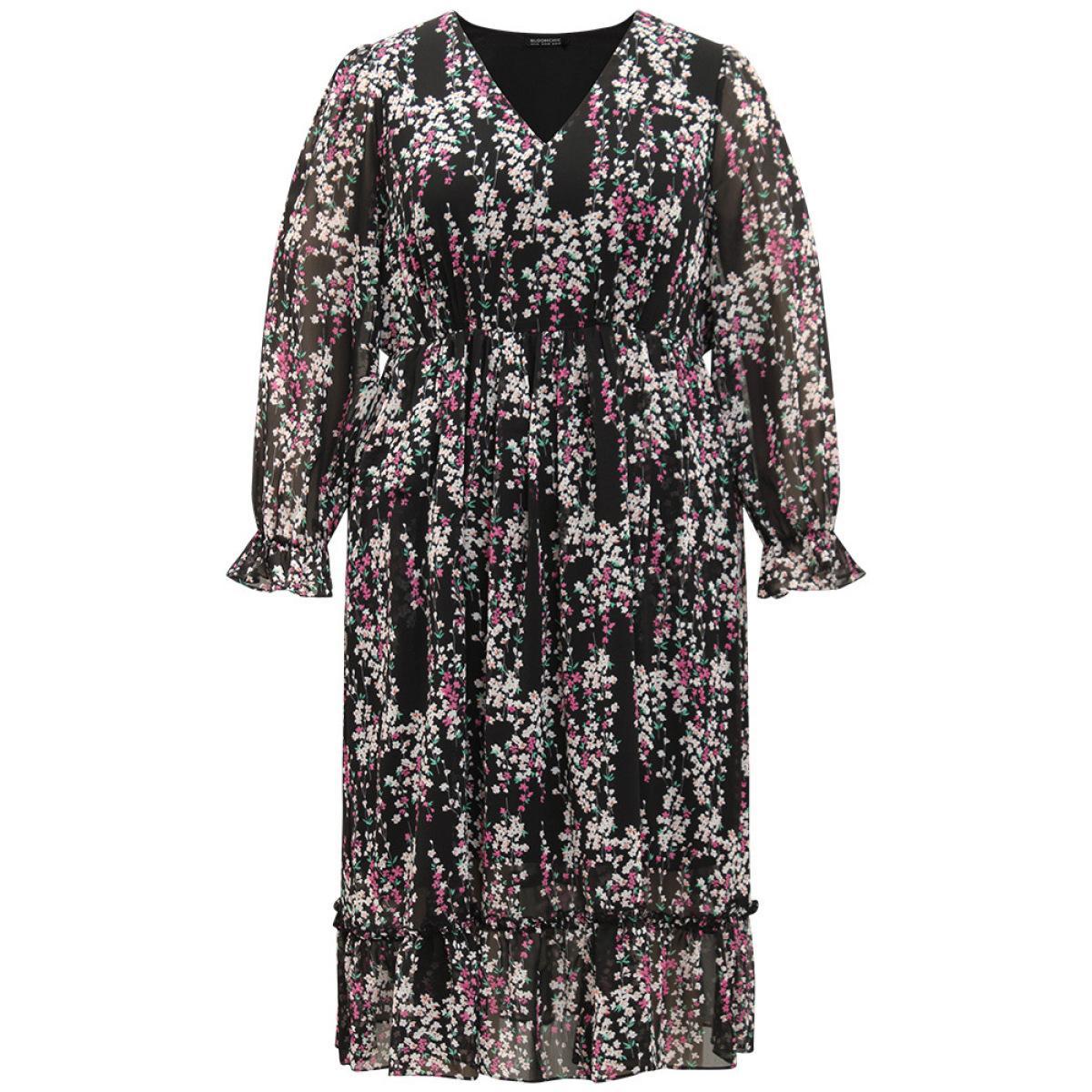 Plus Size Ditsy Floral Chiffon Patchwork Frill Trim Dress Black Women Elegant See through V-neck Long Sleeve Curvy Midi Dress BloomChic 10/M Product Image