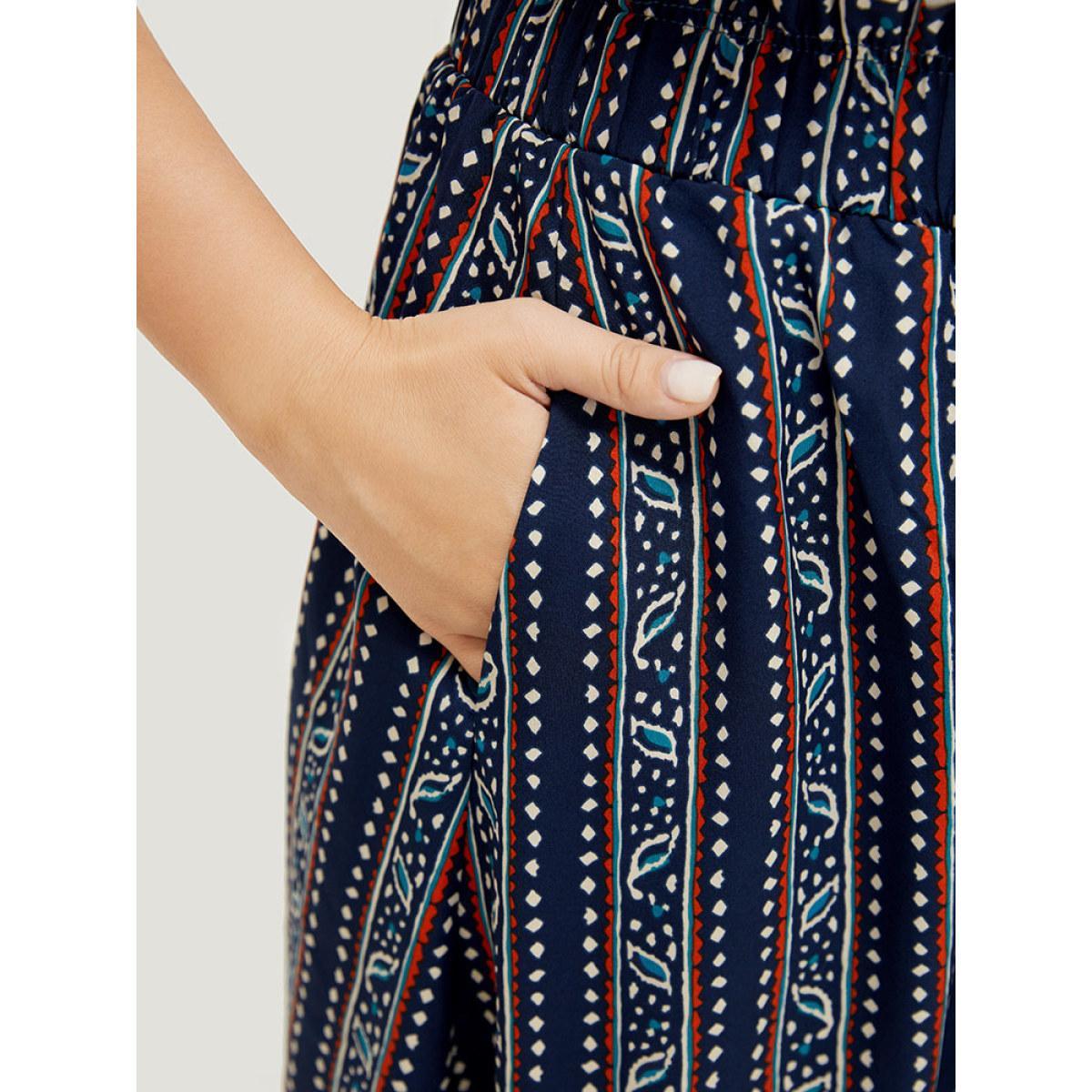 Plus Size Striped Print Pocket Paperbag Waist Skirt Women Indigo Vacation No stretch Pocket Dailywear Skirts BloomChic 12/L Product Image