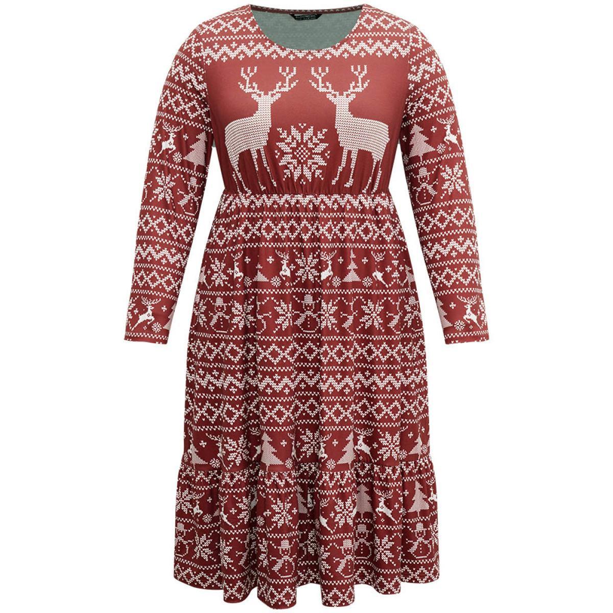 Plus Size Christmas Elk Gathered Ruffle Layered Hem Dress Scarlet Women Casual Printed Round Neck Long Sleeve Curvy Midi Dress BloomChic 22-24/3X Product Image