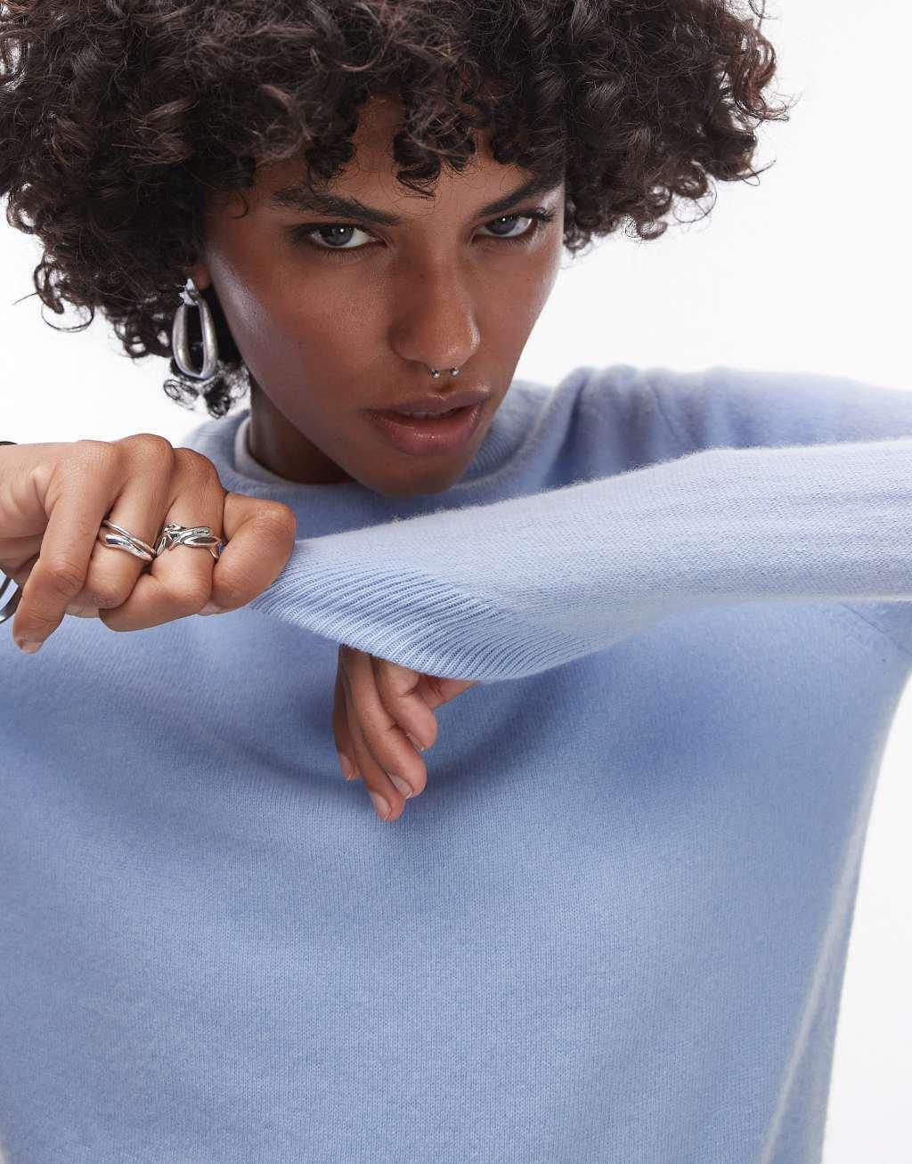Mango cashmere round neck sweater in light blue Product Image