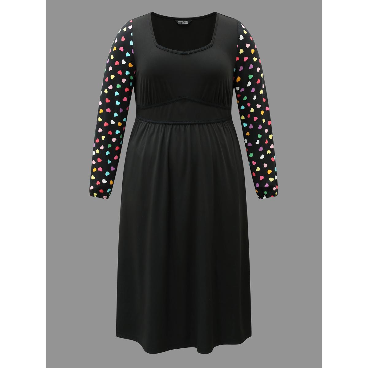 Plus Size Polka Dot Sleeve Waist-Cinched Lace Dress Black Women Elegant Woven ribbon&lace trim Heart neckline Long Sleeve Curvy BloomChic 12/L Product Image