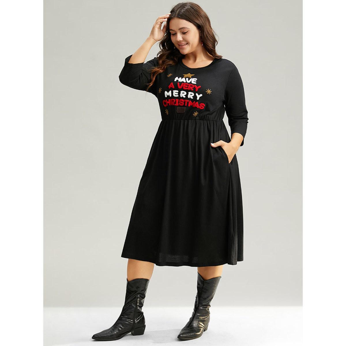 Plus Size Christmas Embroidered Star Elastic Waist Dress Black Women Casual Embroidered Round Neck Elbow-length sleeve Curvy Midi Dress BloomChic 14-16/1X Product Image