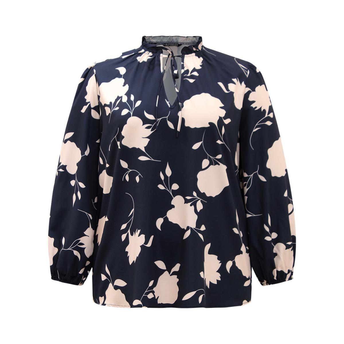 Plus Size Indigo Silhouette Floral Print Stand Collar Tie Neck Blouse Women Elegant Long Sleeve Tie Neck Dailywear Blouses BloomChic 30/6X Product Image