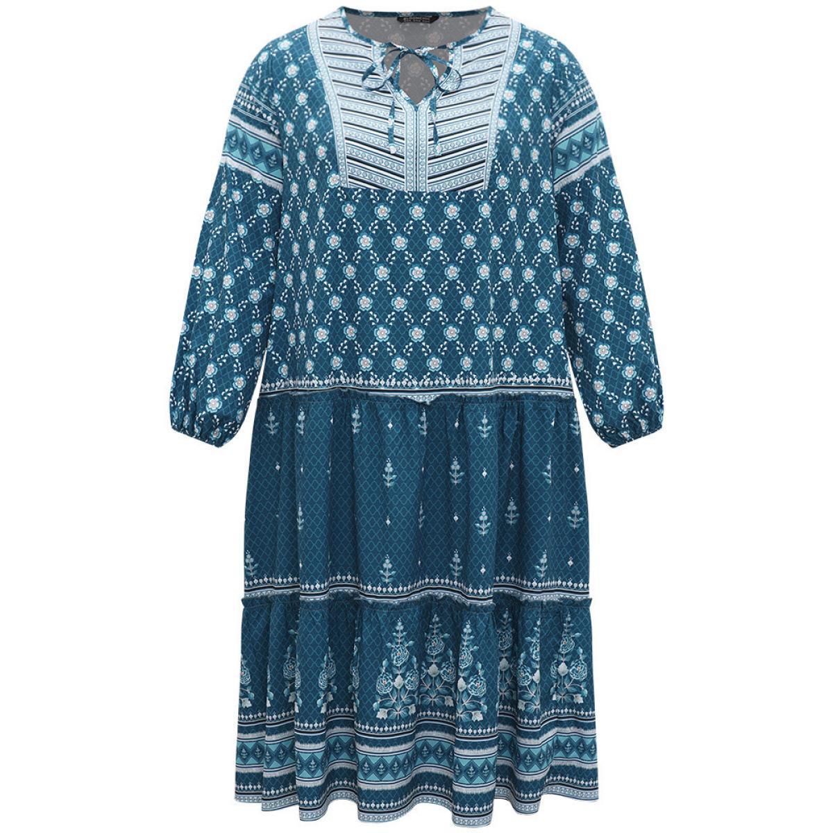 Plus Size Bandana Print Knot Neck Lantern Sleeve Dress Aegean Women Vacation Elastic cuffs Tie Neck Long Sleeve Curvy Midi Dress BloomChic 10/M Product Image