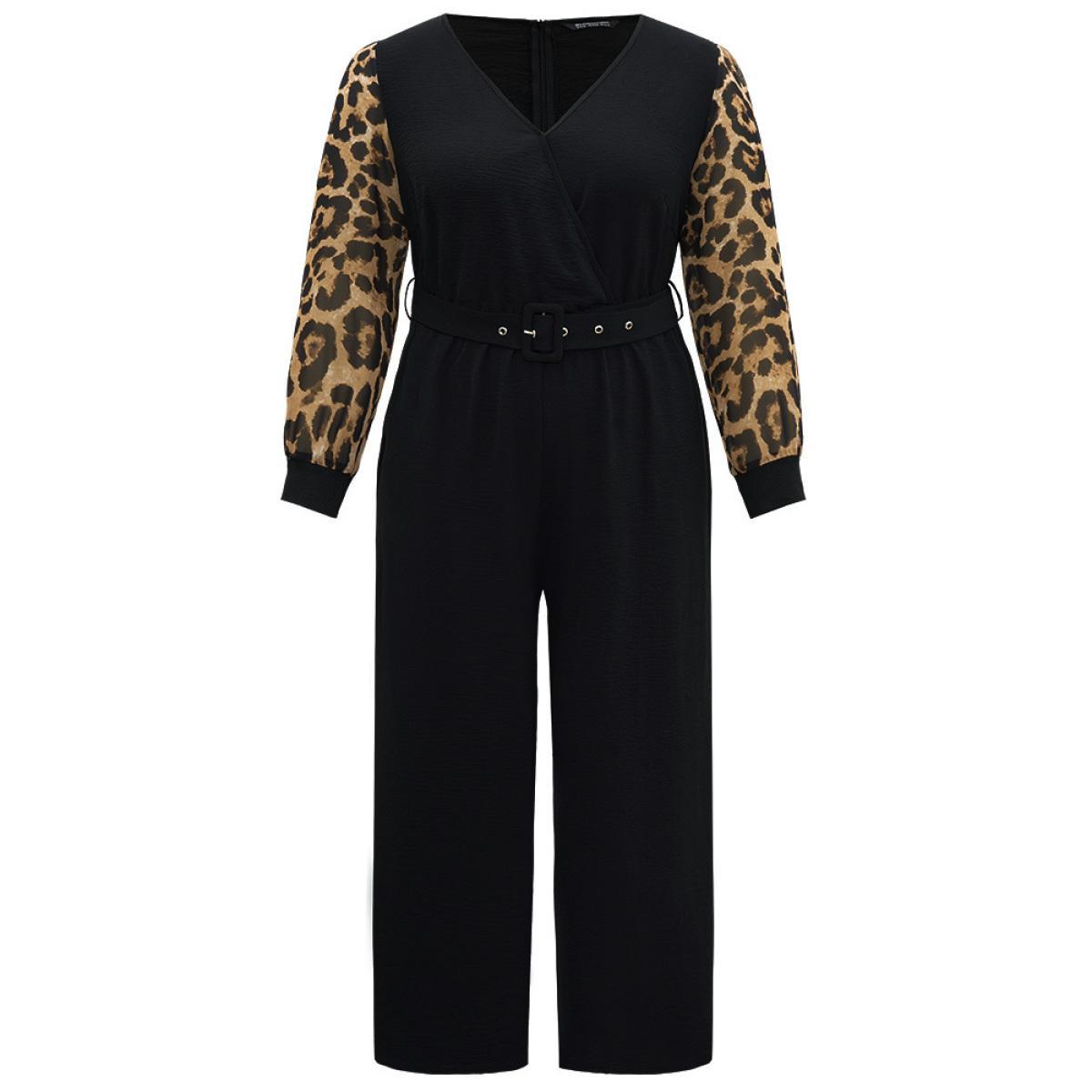 Plus Size Black Leopard Patchwork Wrap Buckle Detail Belted Jumpsuit Women Glamour Long Sleeve V-neck Going out Loose Jumpsuits BloomChic 18-20/2X Product Image
