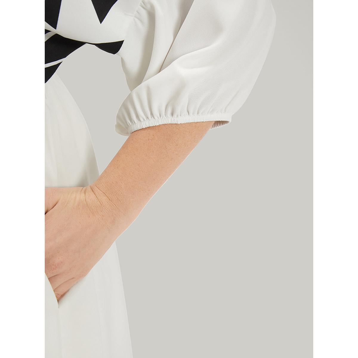 Plus Size Geometric Print Notched Ties Tassels Elastic Cuffs Dress White Women Vacation Elastic cuffs Notched collar Elbow-length sleeve Curvy Midi Dress BloomChic 22-24/3X Product Image