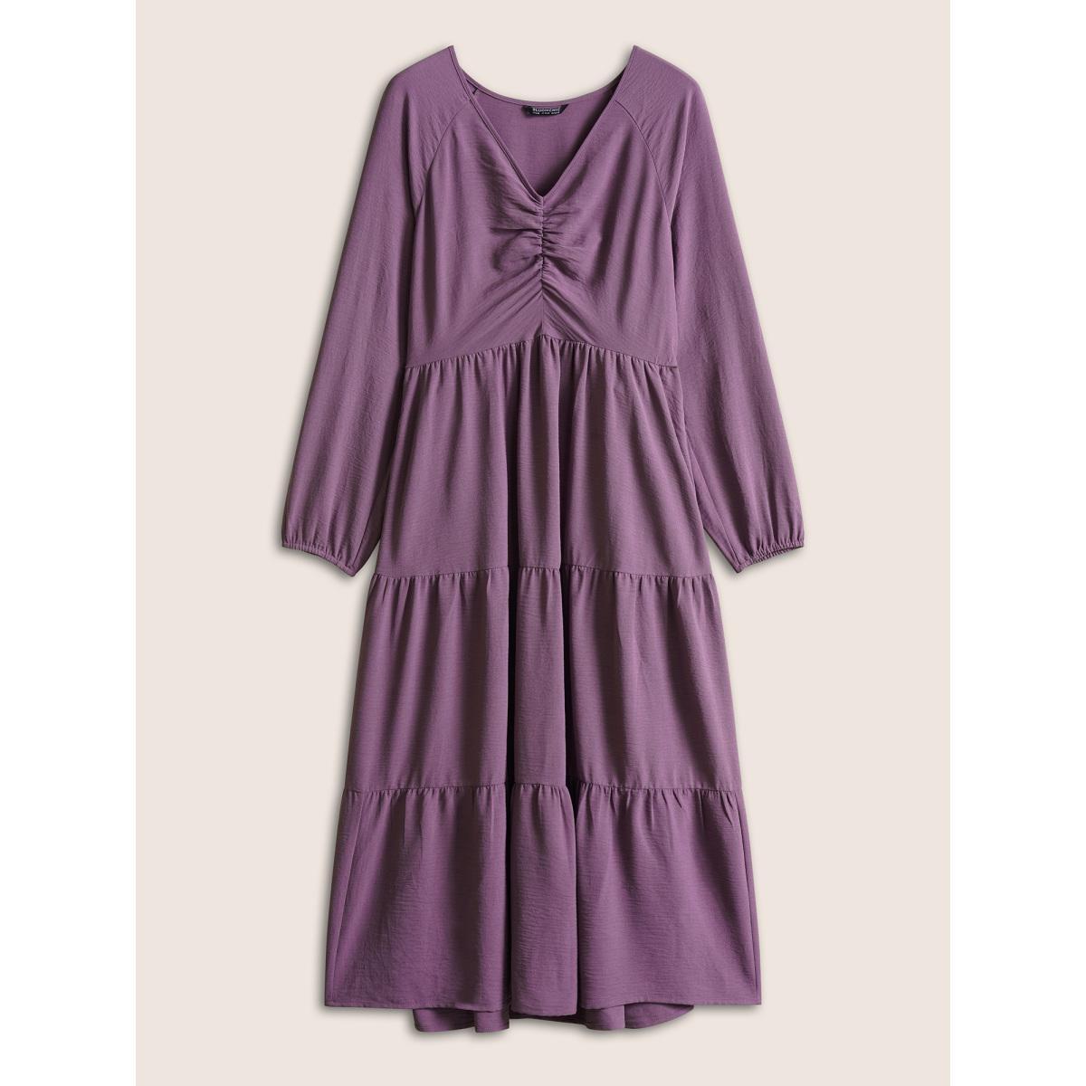 Plus Size Solid Ruched Raglan Sleeve Layered Hem Dress Mauve Women Elegant Elastic cuffs V-neck Long Sleeve Curvy Midi Dress BloomChic 22-24/3X Product Image