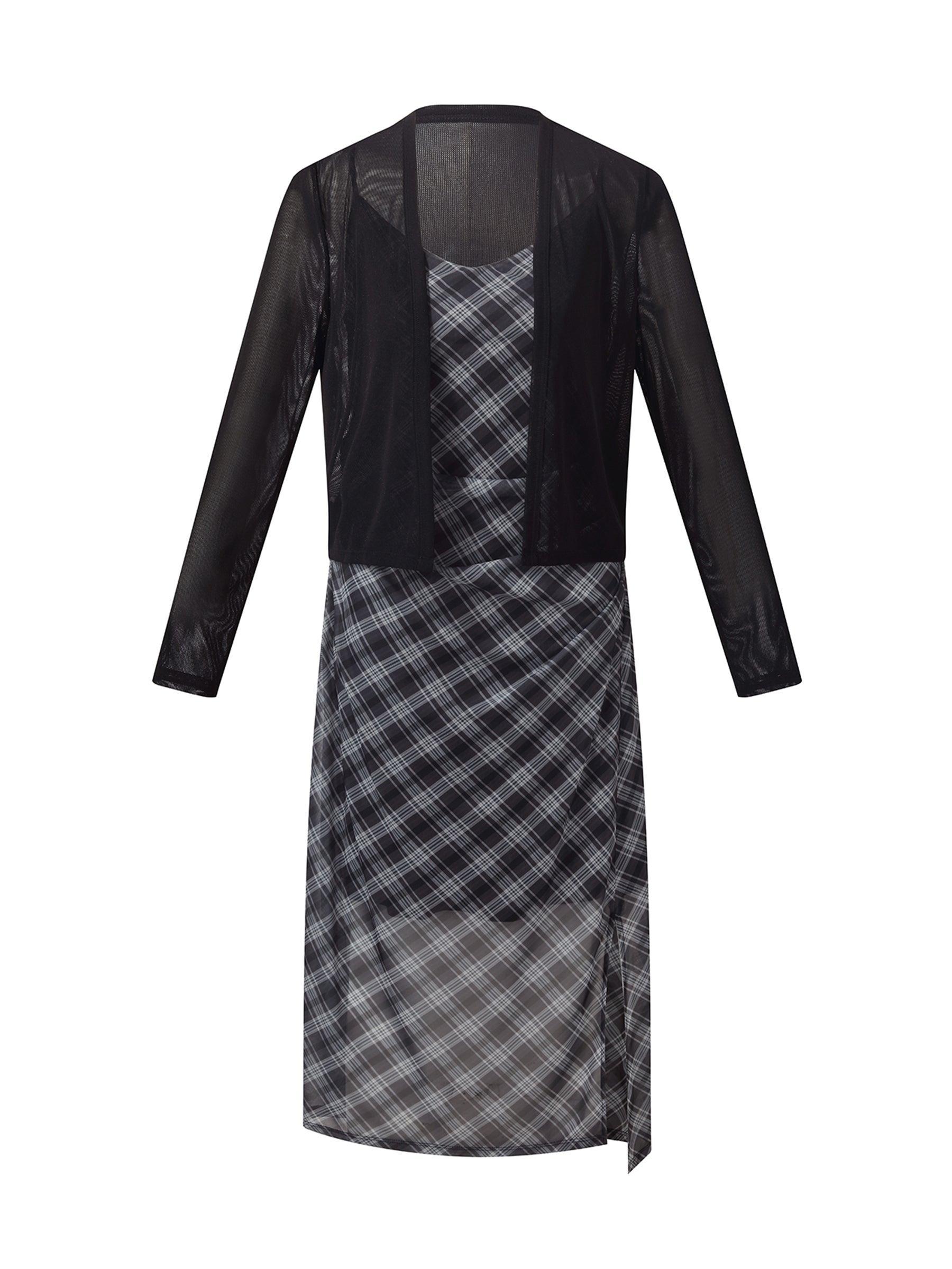 Plaid Adjustable Straps Slip Midi Dress And Cardigan Two-Piece Set Product Image
