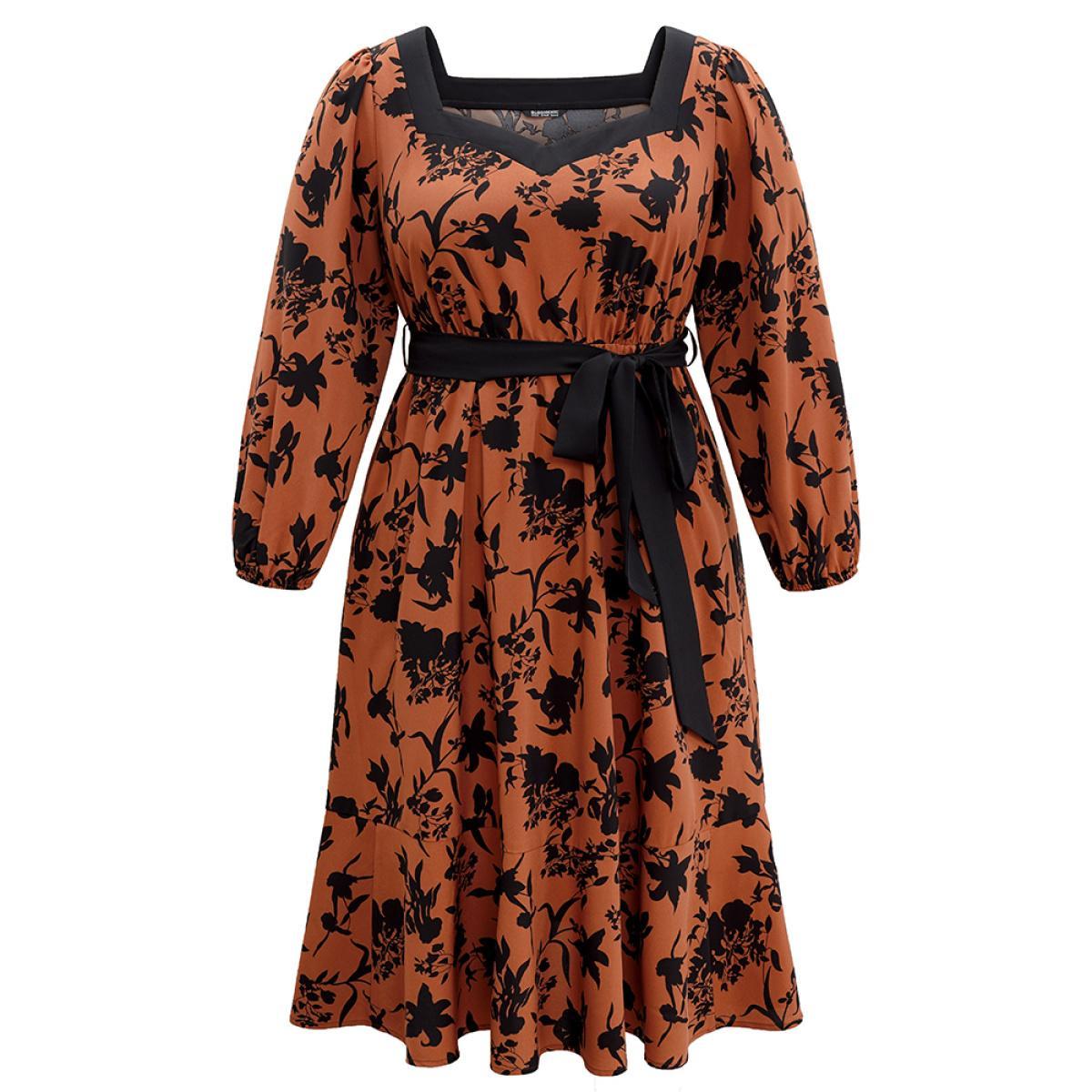 Plus Size Silhouette Floral Print Square Neck Belted Dress Chocolate Women Office Elastic cuffs Square Neck Long Sleeve Curvy Midi Dress BloomChic 26/4X Product Image