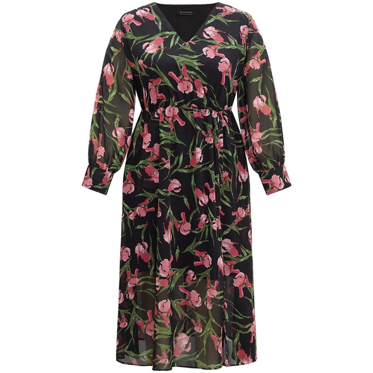 Plus Size Floral Print Chiffon Split Side Elastic Waist Dress Black Women Elegant Printed V-neck Long Sleeve Curvy Midi Dress BloomChic 26/4X Product Image
