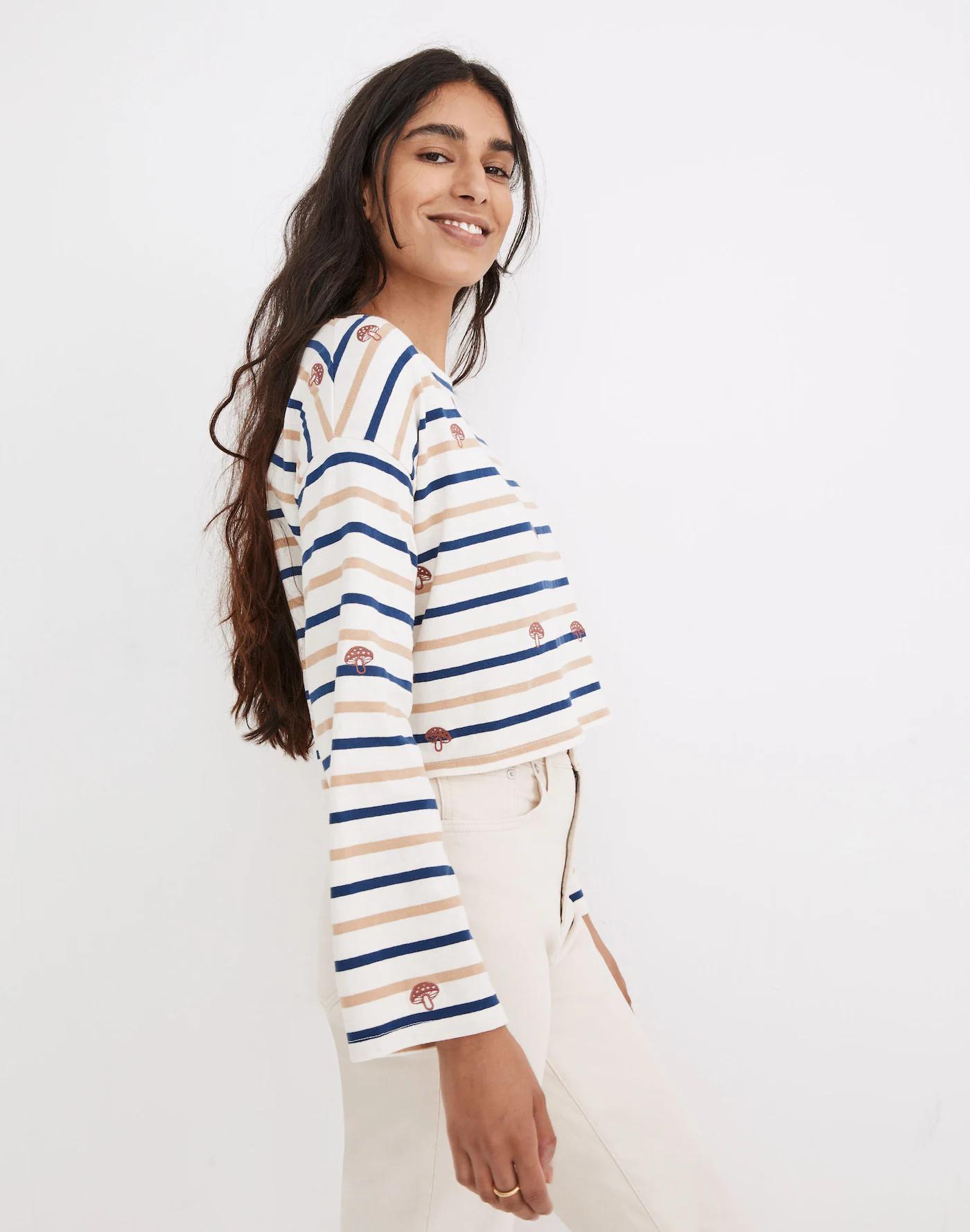 Mushroom Embroidered Organic Cotton Supercrop Long-Sleeve Tee in Stripe Product Image