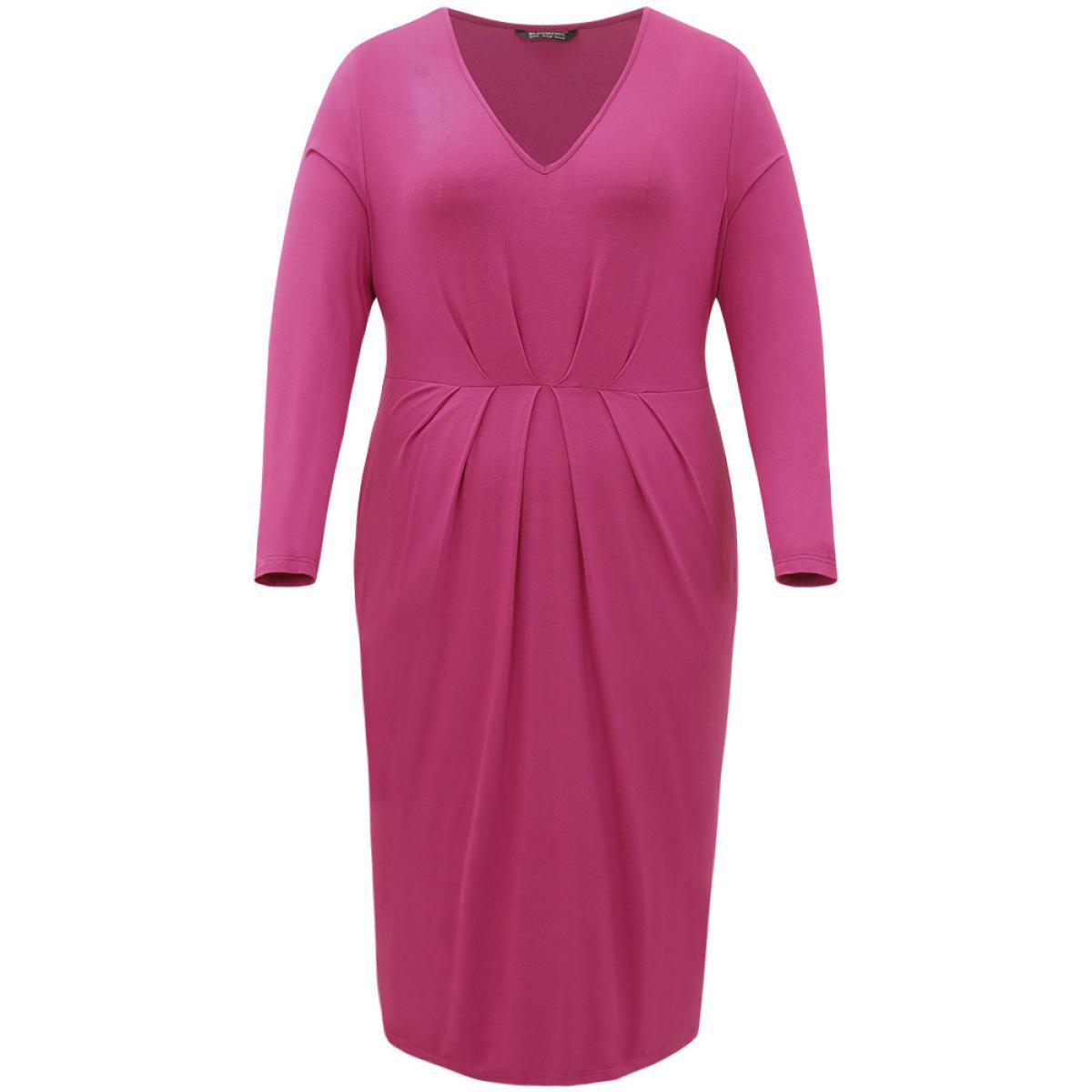 Plus Size Solid Pocket V Neck Plicated Detail Dress RedViolet Women Casual Plain V-neck Long Sleeve Curvy Midi Dress BloomChic 14-16/1X Product Image