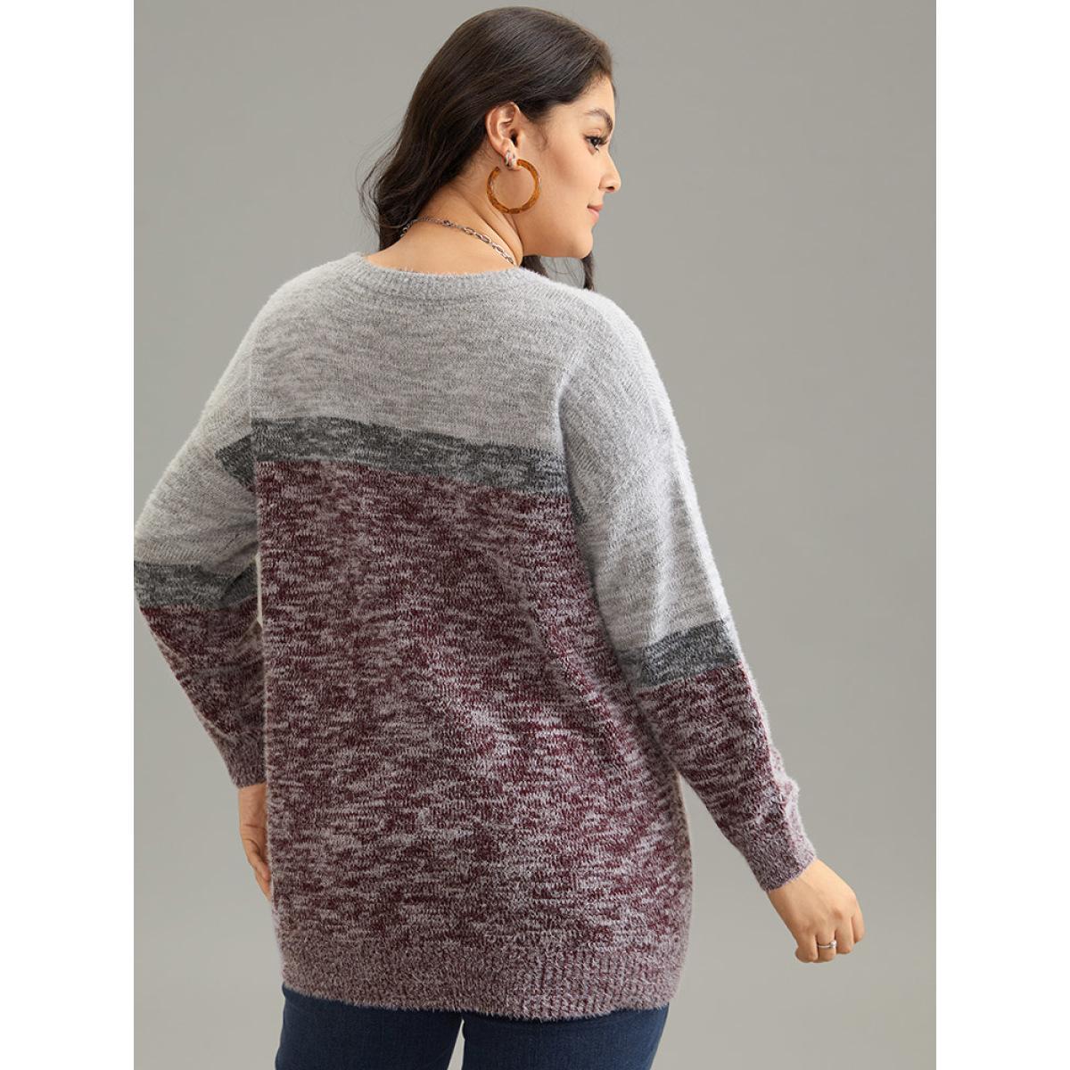 Plus Size Heather Contrast Crew Neck Drop Shoulder Pullover Burgundy Women Casual Loose Long Sleeve Round Neck Dailywear Pullovers BloomChic 22-24/3X Product Image