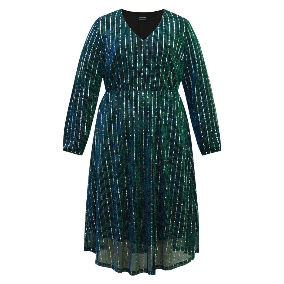 Plus Size Sequin Mesh V Neck Elastic Waist Dress DarkSlateGray Women Cocktail Sequin V-neck Long Sleeve Curvy Midi Dress BloomChic 30/6X Product Image