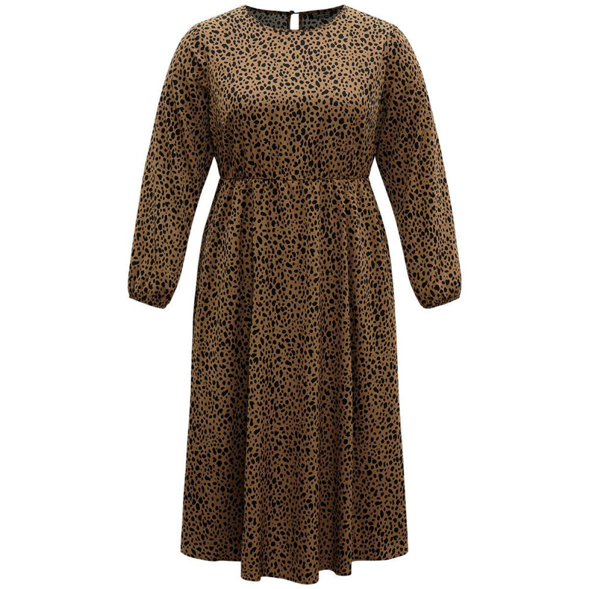 Plus Size Leopard Print Pocket Split Side Keyhole Dress DarkBrown Women Elegant Elastic cuffs Round Neck Long Sleeve Curvy Midi Dress BloomChic 10/M Product Image
