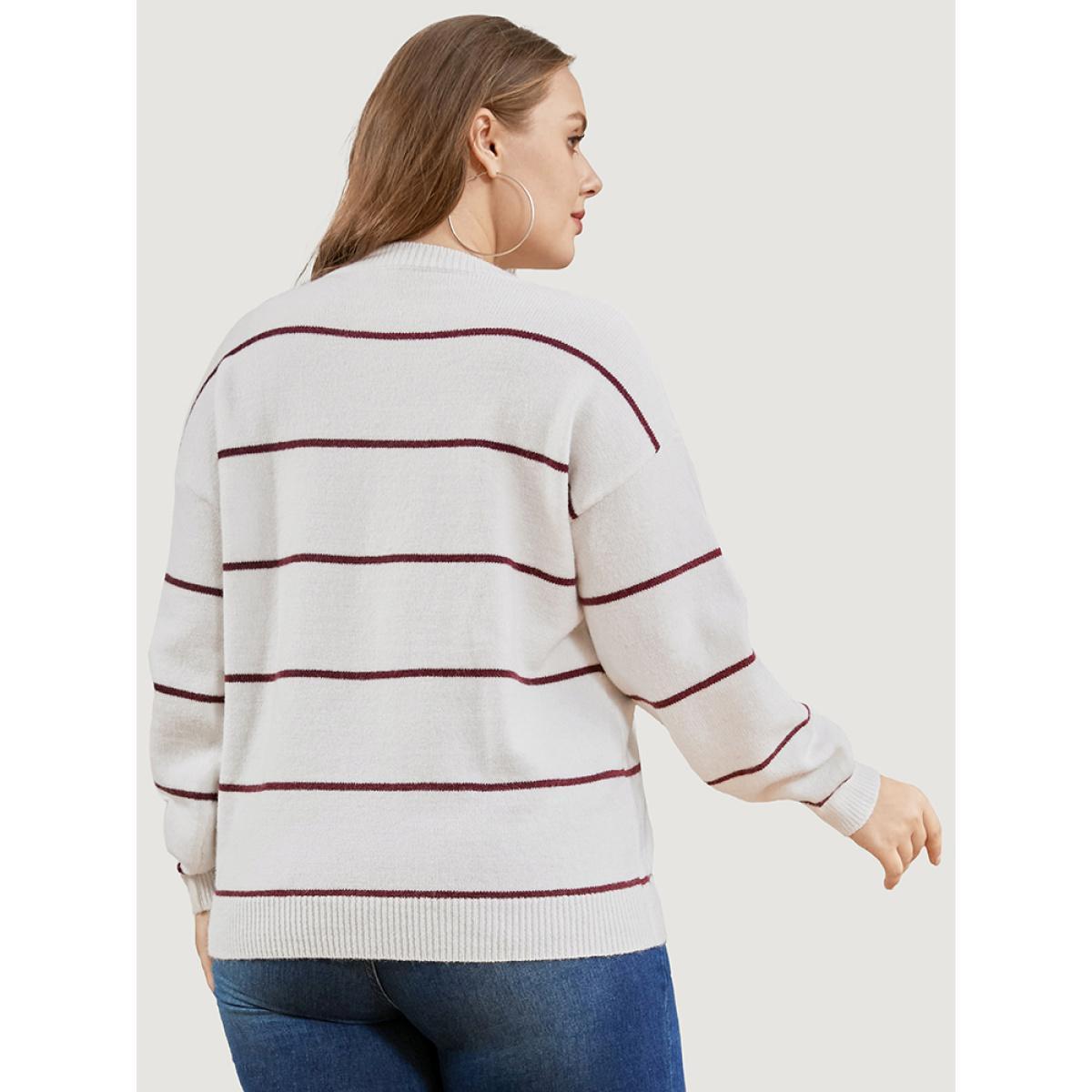 Plus Size Striped Contrast Super Soft Plush Knit V Neck Knit Top Ivory Women Casual Loose Long Sleeve V-neck Dailywear Pullovers BloomChic 26/4X Product Image