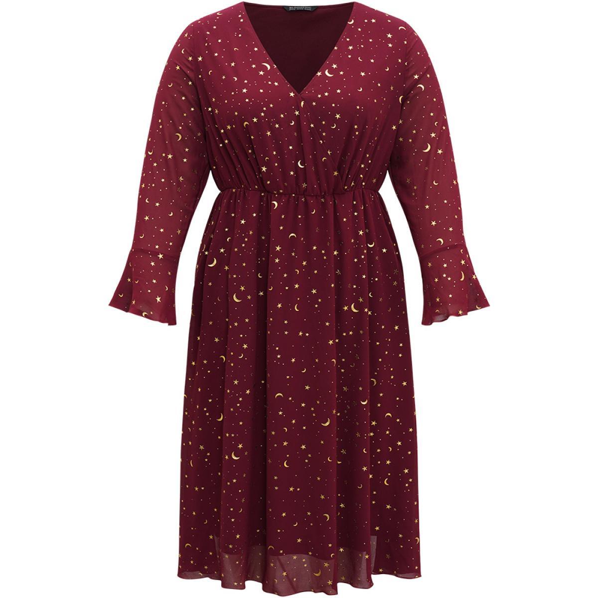 Plus Size Moon & Star Glitter Surplice Neck Bell Sleeve Dress Burgundy Women Party Printed V-neck Long Sleeve Curvy Midi Dress BloomChic 14-16/1X Product Image