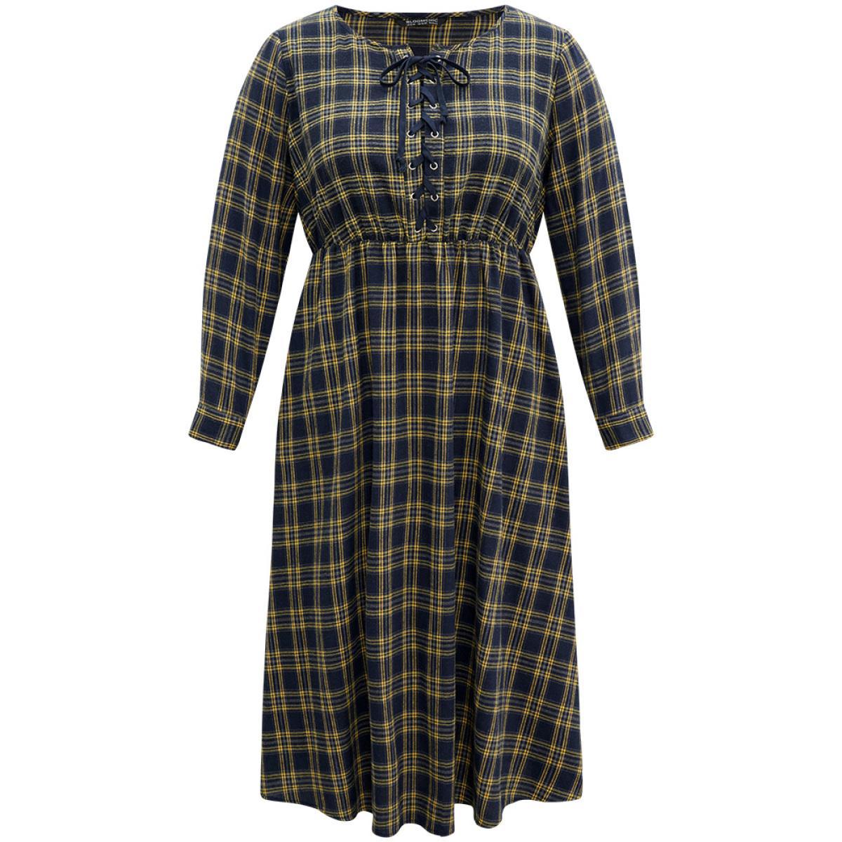 Plus Size Plaid Elastic Waist Lace Up Ties Dress Indigo Women Casual Cross straps Tie Neck Long Sleeve Curvy Midi Dress BloomChic 26/4X Product Image